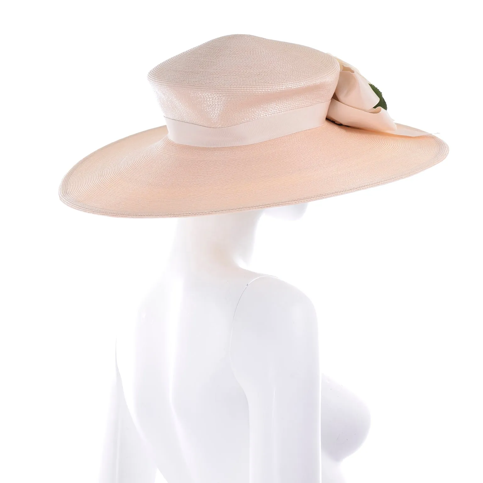 1980s Frank Olive Vintage Cream Straw Hat w Satin Rose Flowers