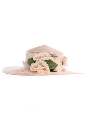 1980s Frank Olive Vintage Cream Straw Hat w Satin Rose Flowers