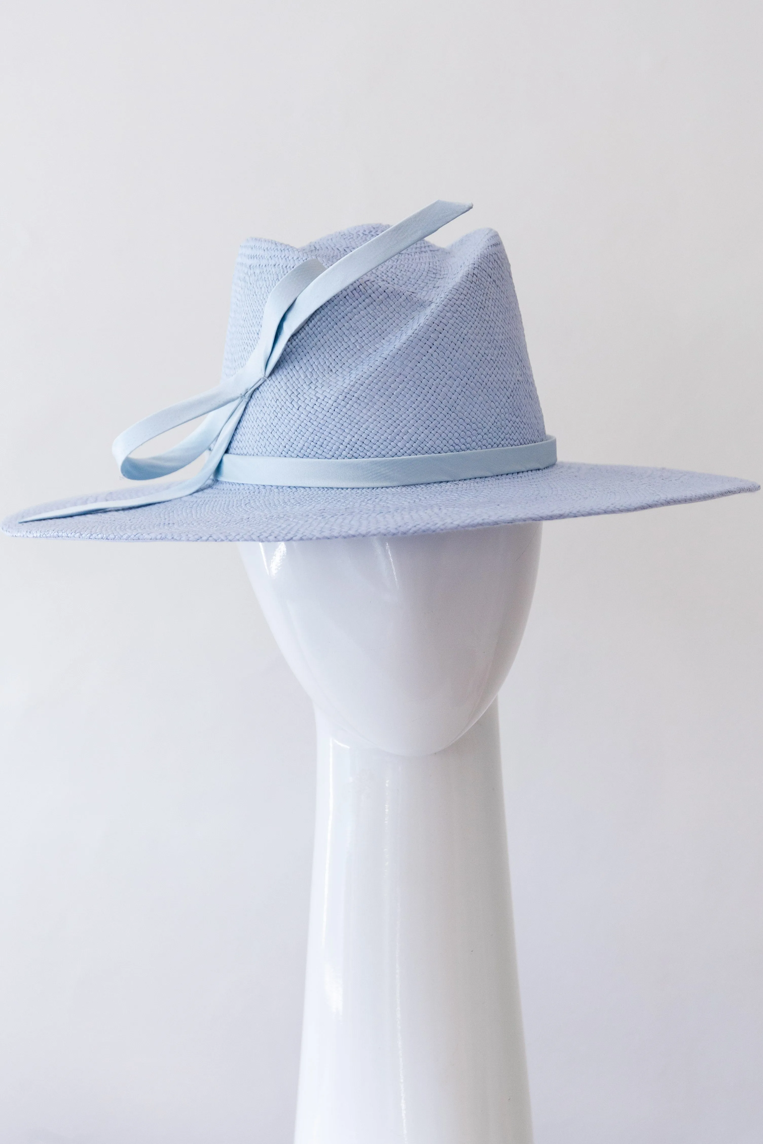 Baby Blue Panama Fedora with Silk Bow