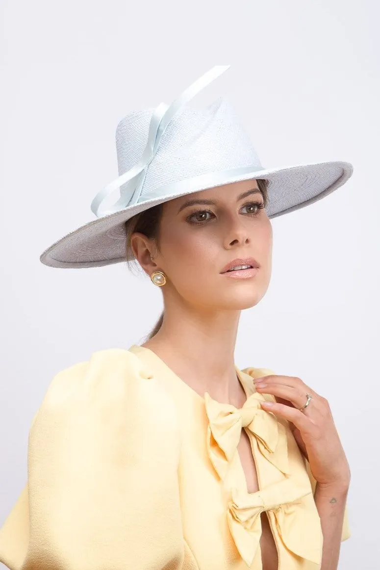 Baby Blue Panama Fedora with Silk Bow