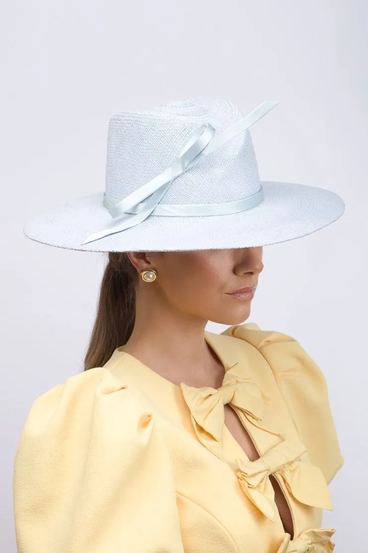 Baby Blue Panama Fedora with Silk Bow