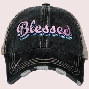 Blessed Hats Simply Blessed Pink or teal cross Gray distressed trucker cap with adjustable velkro Blessed hot mess