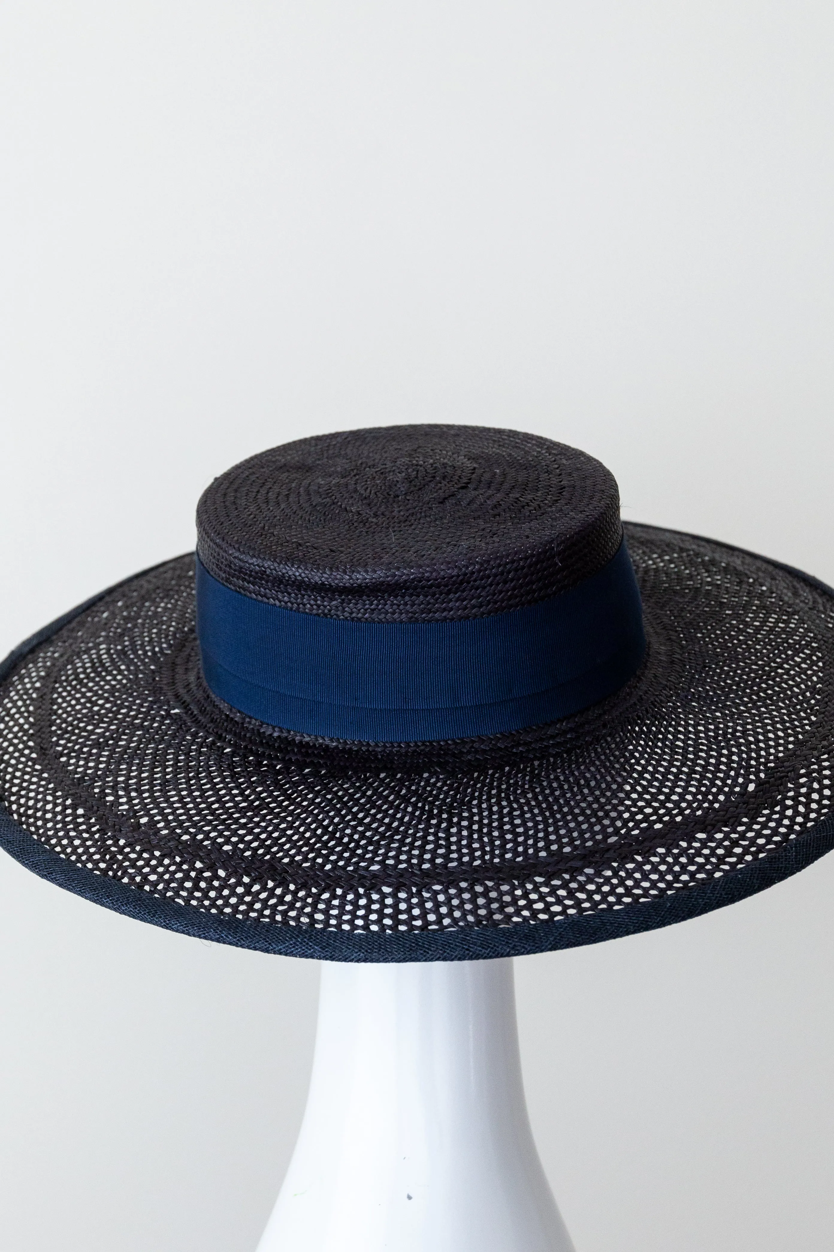 Boater Style Hat in Navy Open Weave Straw