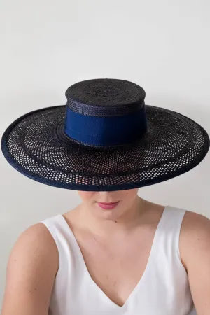 Boater Style Hat in Navy Open Weave Straw