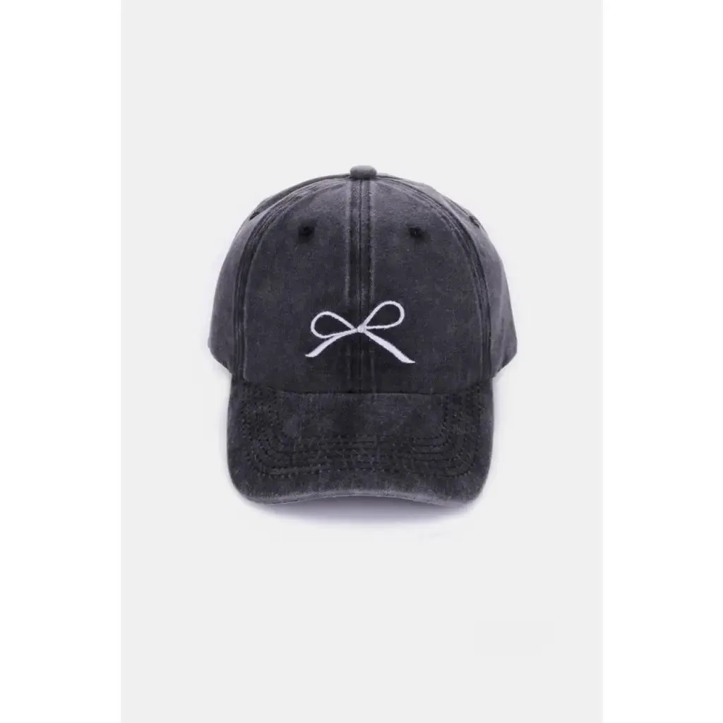 Bow Embroidered Washed Cotton Caps (Multiple Color Options)