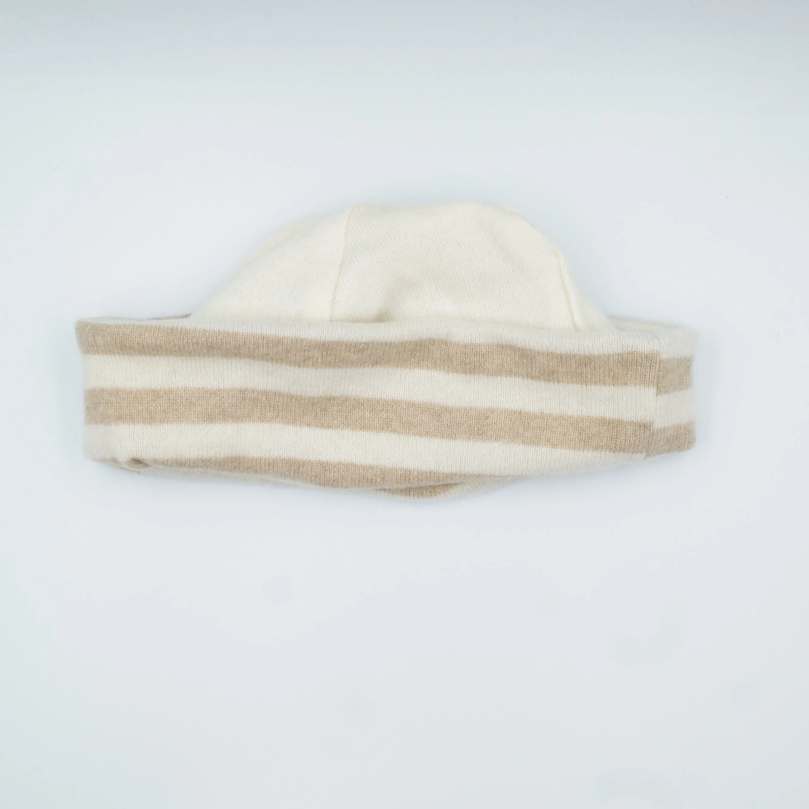 Cream and Fawn Beige Striped Cashmere Beanie Hat