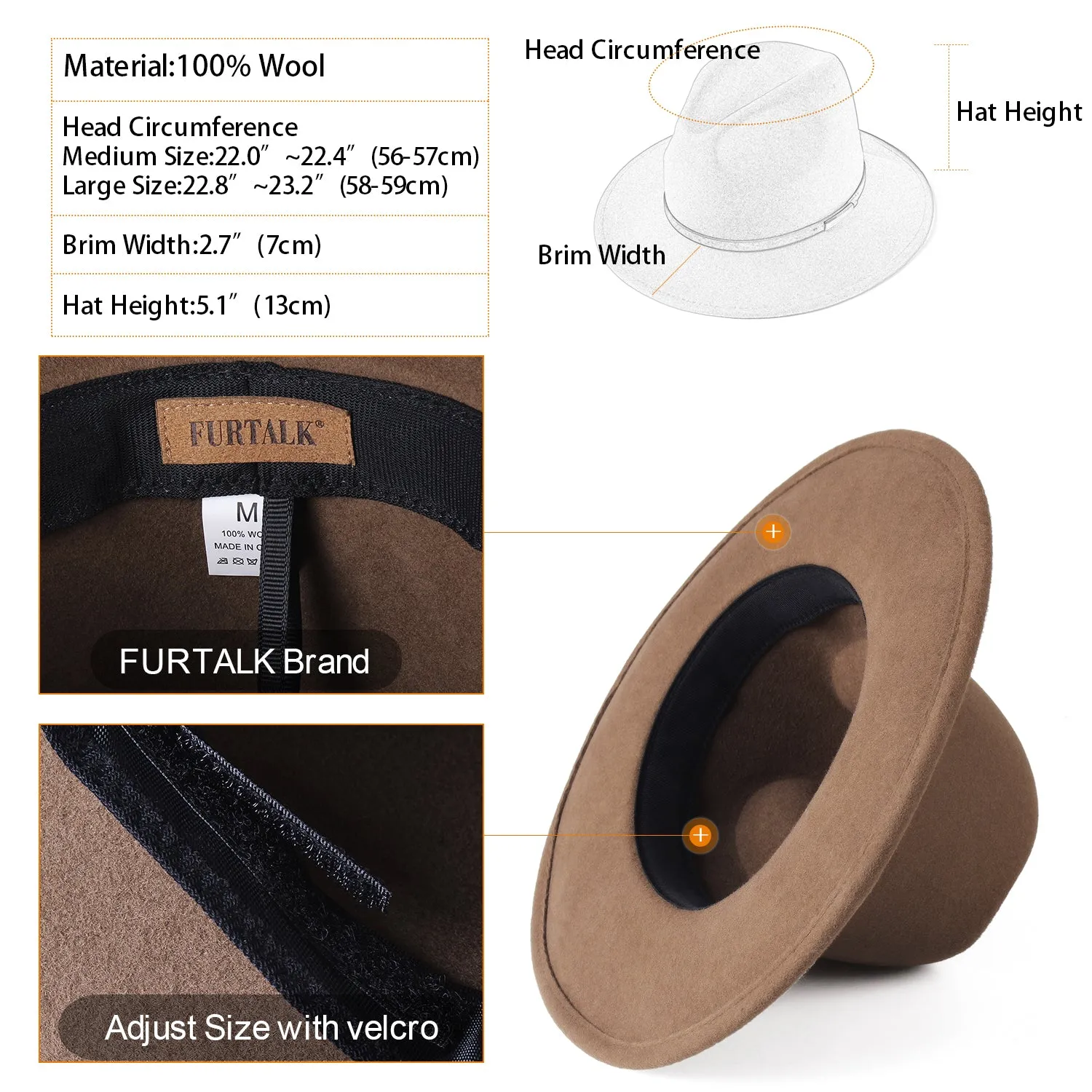 FURTALK Fedora Hats for Men Women 100% Australian Wool Felt Wide Brim Hat Thin Leather Belt Crushable Packable