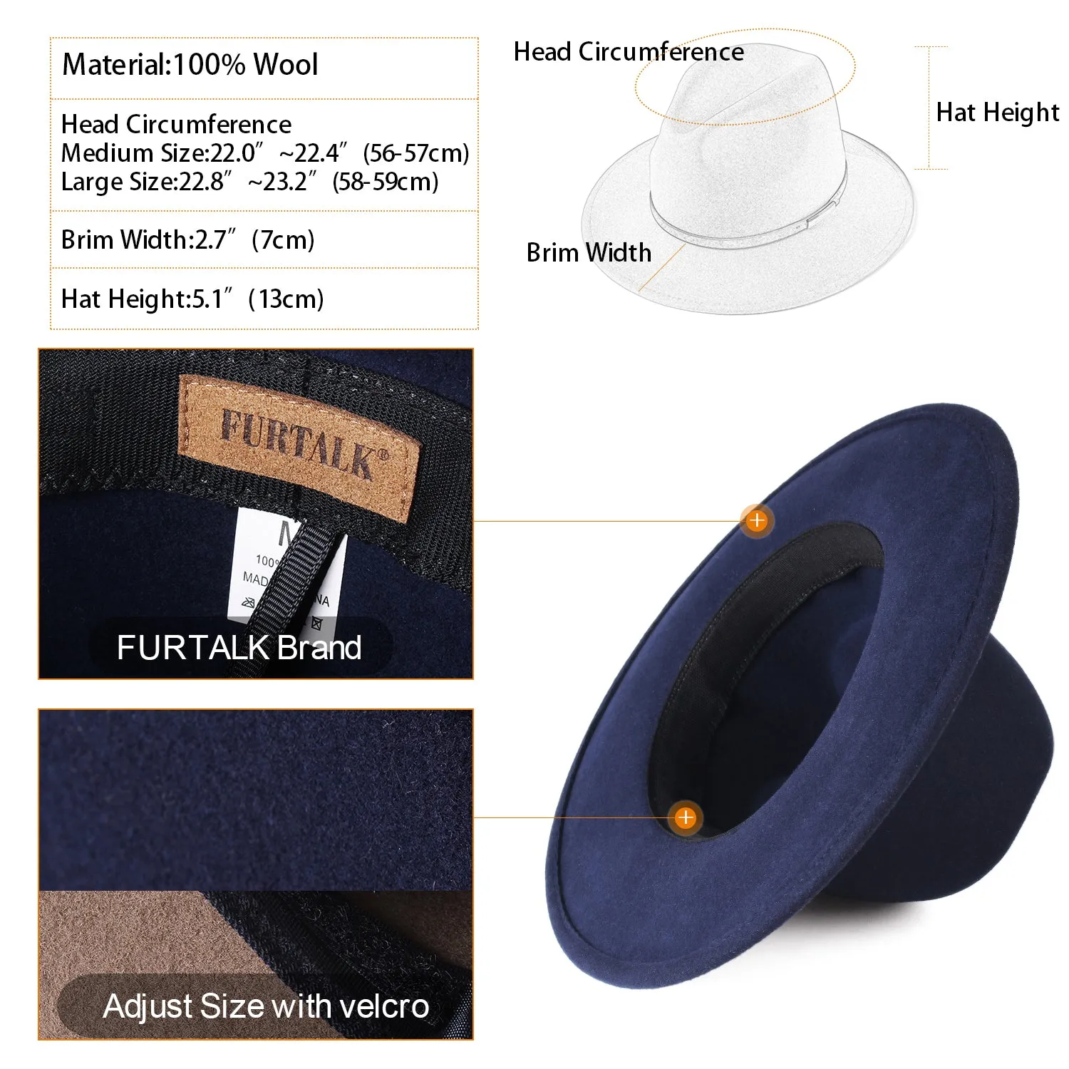 FURTALK Fedora Hats for Men Women 100% Australian Wool Felt Wide Brim Hat Thin Leather Belt Crushable Packable