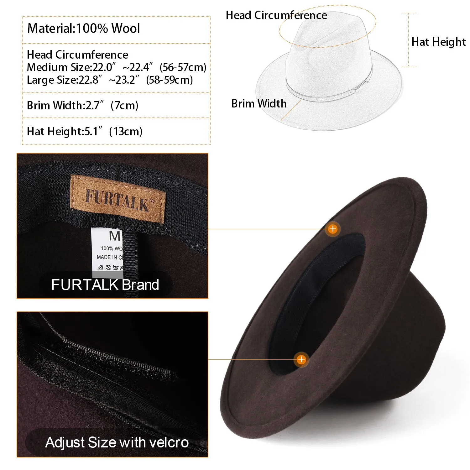 FURTALK Fedora Hats for Men Women 100% Australian Wool Felt Wide Brim Hat Thin Leather Belt Crushable Packable