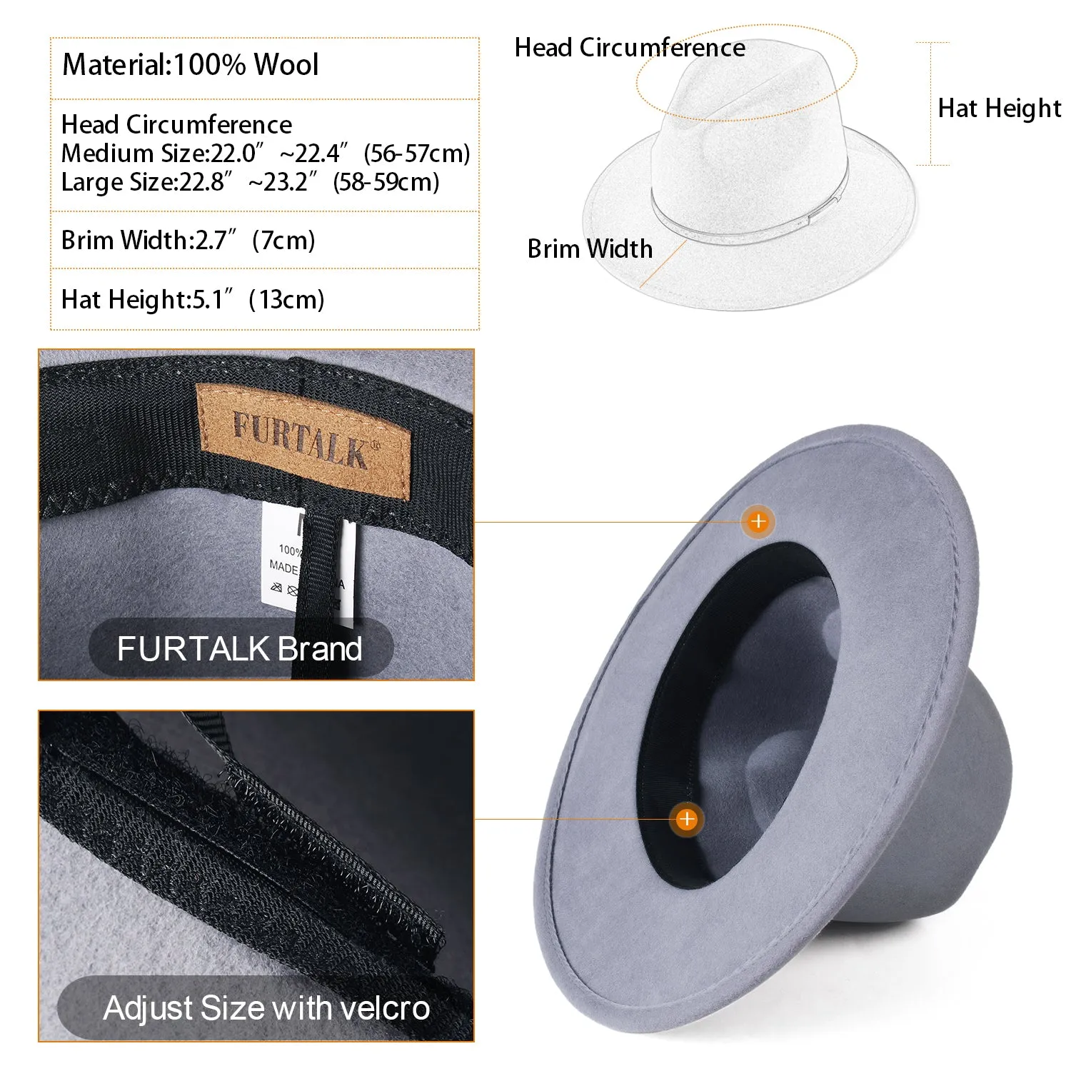 FURTALK Fedora Hats for Men Women 100% Australian Wool Felt Wide Brim Hat Thin Leather Belt Crushable Packable