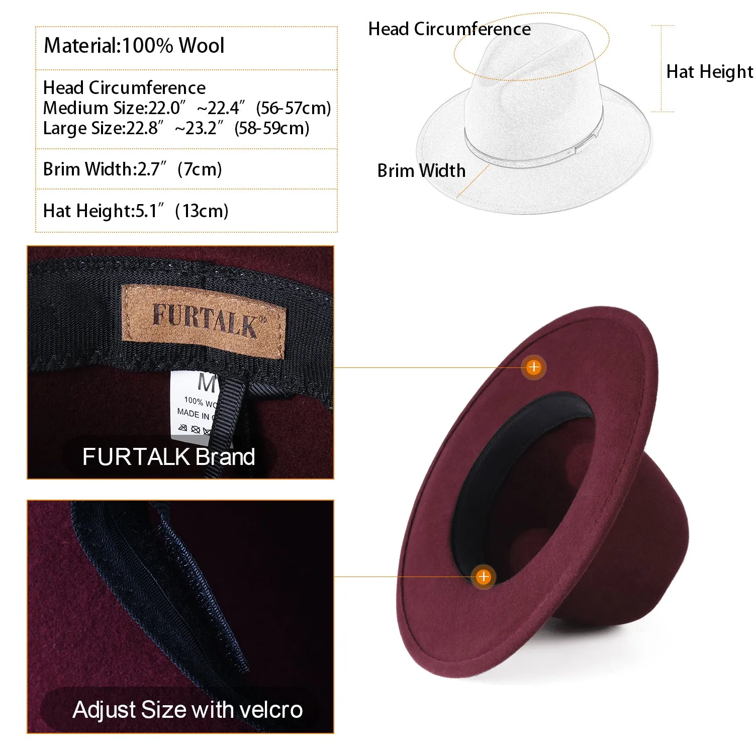 FURTALK Fedora Hats for Men Women 100% Australian Wool Felt Wide Brim Hat Thin Leather Belt Crushable Packable