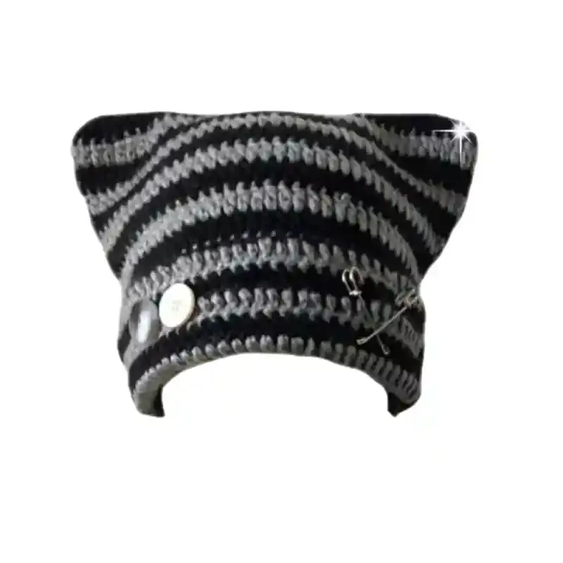 Harajuku Style Cat Ears Striped Knitted Hat with Star Brooch
