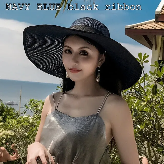 K60 Lady's Summer Beach Big Brim Straw Hat For Female Seaside Travel Hat Sun UV Protection All-match Cool Hat UPF 50 