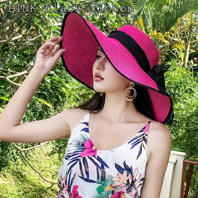 K60 Lady's Summer Beach Big Brim Straw Hat For Female Seaside Travel Hat Sun UV Protection All-match Cool Hat UPF 50 