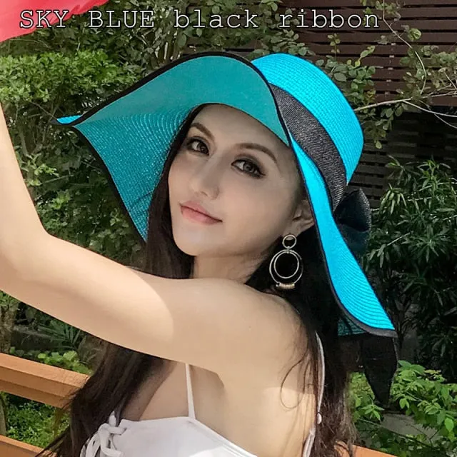 K60 Lady's Summer Beach Big Brim Straw Hat For Female Seaside Travel Hat Sun UV Protection All-match Cool Hat UPF 50 