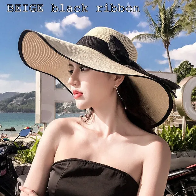 K60 Lady's Summer Beach Big Brim Straw Hat For Female Seaside Travel Hat Sun UV Protection All-match Cool Hat UPF 50 