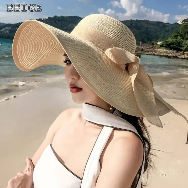 K60 Lady's Summer Beach Big Brim Straw Hat For Female Seaside Travel Hat Sun UV Protection All-match Cool Hat UPF 50 
