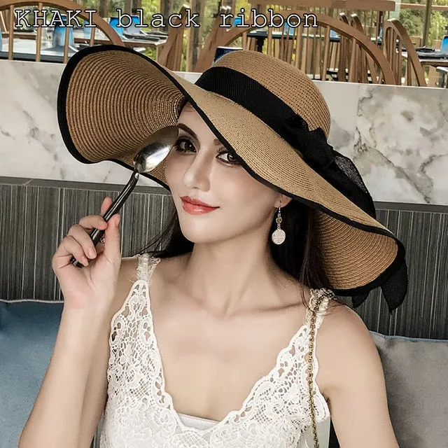 K60 Lady's Summer Beach Big Brim Straw Hat For Female Seaside Travel Hat Sun UV Protection All-match Cool Hat UPF 50 