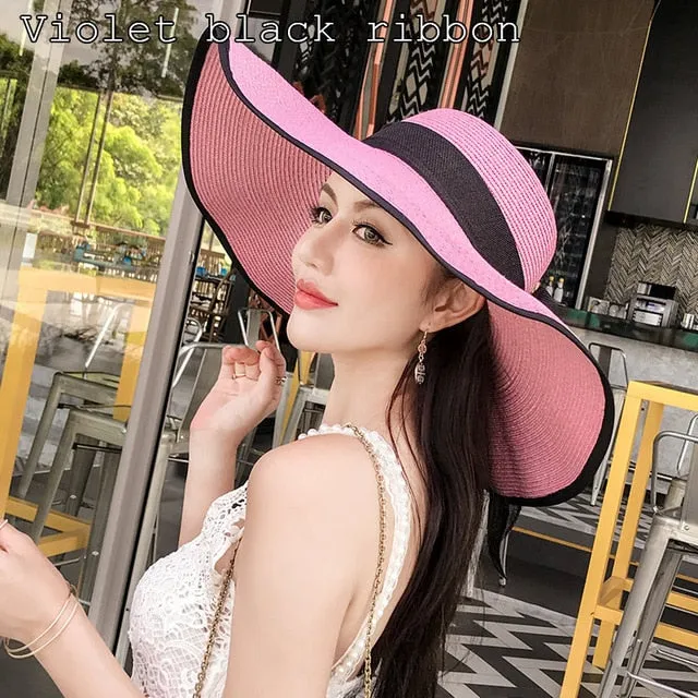 K60 Lady's Summer Beach Big Brim Straw Hat For Female Seaside Travel Hat Sun UV Protection All-match Cool Hat UPF 50 
