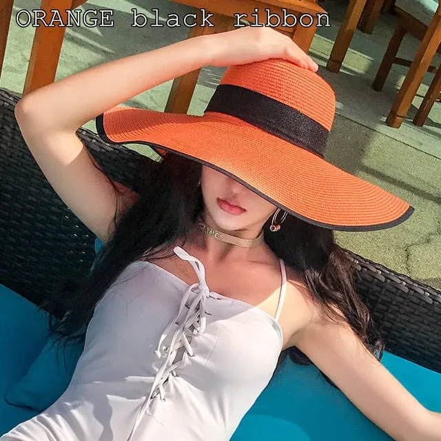 K60 Lady's Summer Beach Big Brim Straw Hat For Female Seaside Travel Hat Sun UV Protection All-match Cool Hat UPF 50 