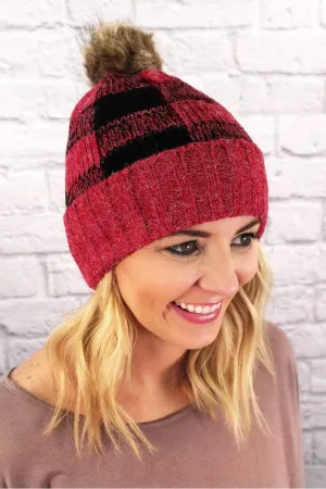 L.I.B. New York Buffalo Plaid Fleece Lined Pom Pom Beanie, Red