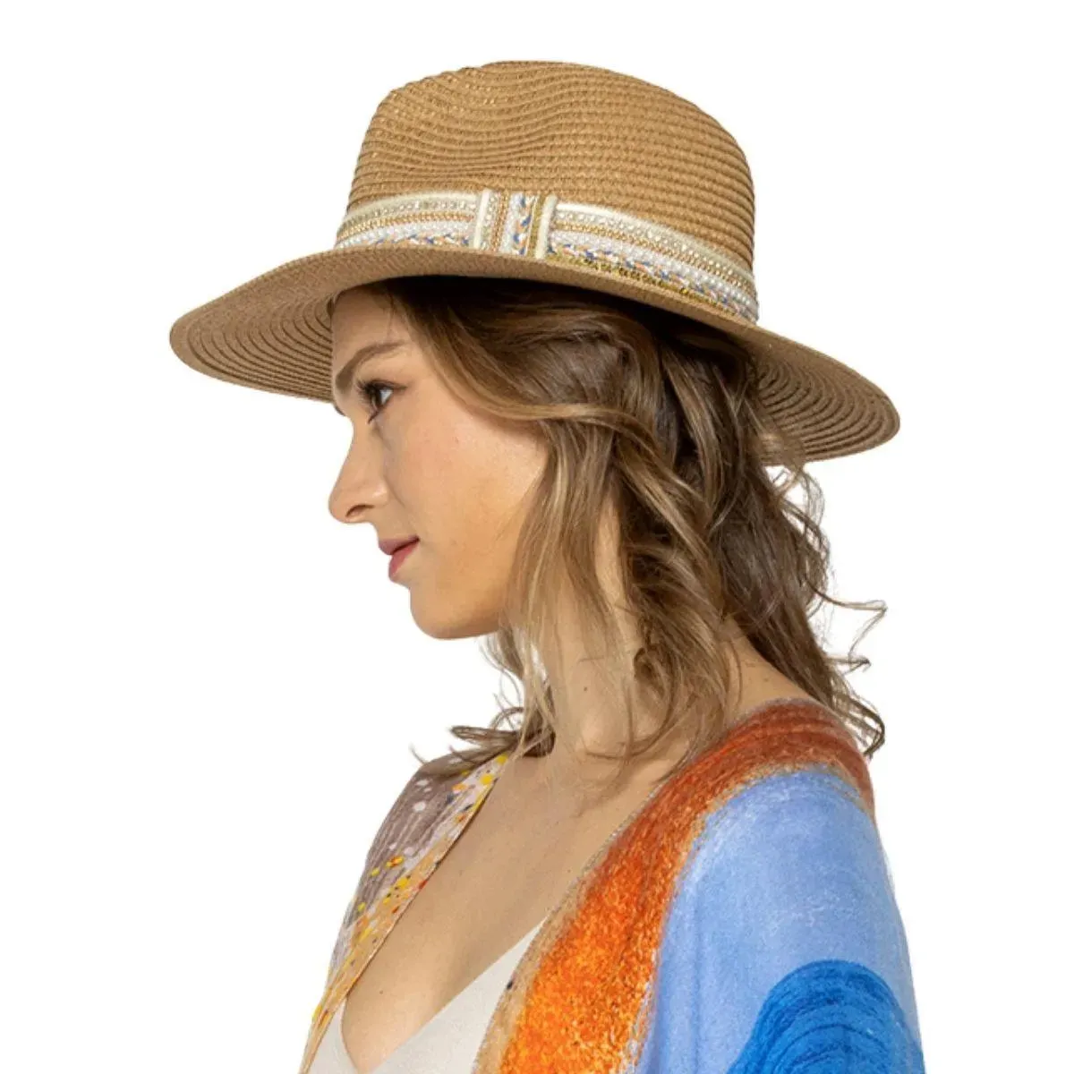 Panama Hat in Camel for Women with Embellishments