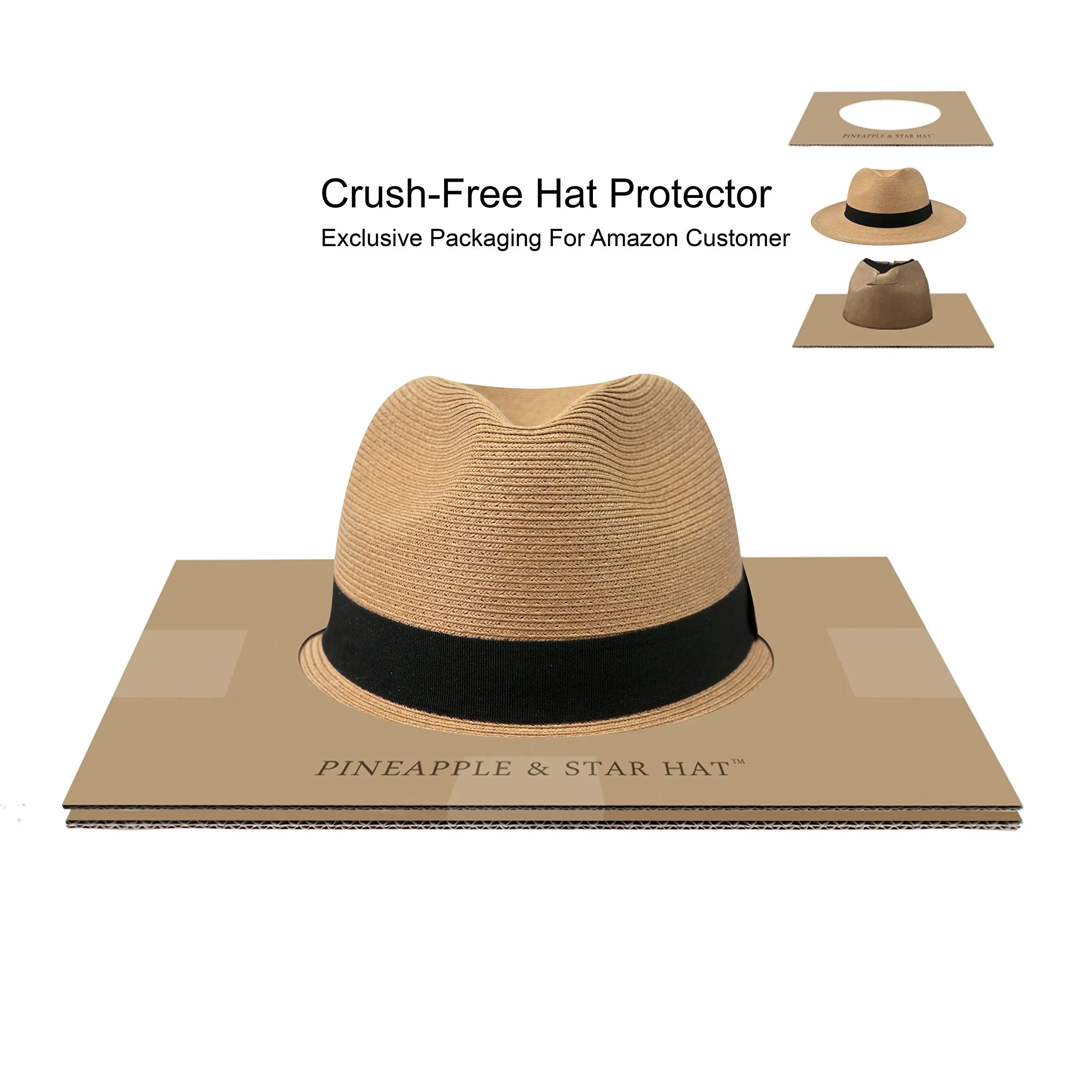 Pineapple&Star Sun Straw Fedora Beach Hat Fine Braid UPF50  for Both Women Men(Small, Brown)