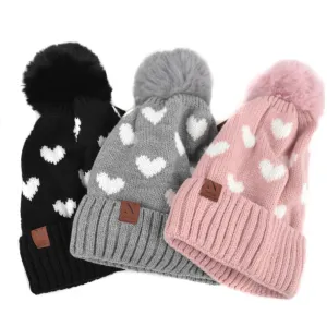 Pom Pom Hearts Winter Fleece Hat