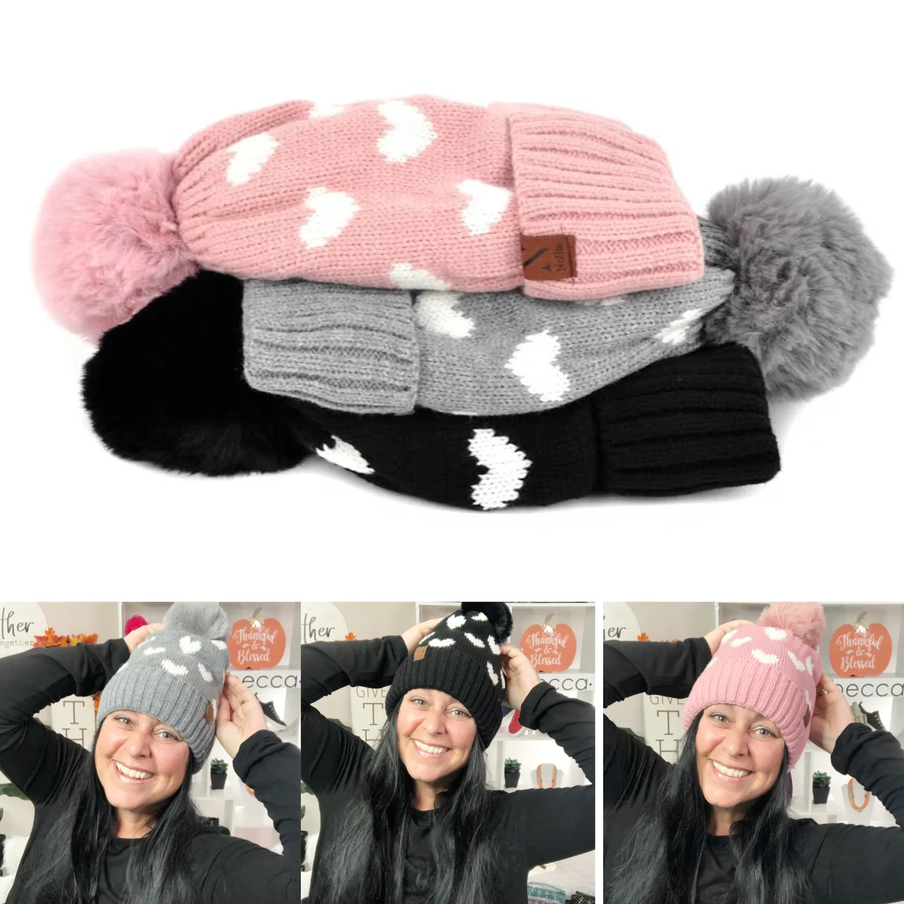 Pom Pom Hearts Winter Fleece Hat