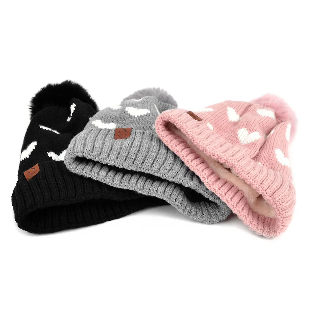Pom Pom Hearts Winter Fleece Hat