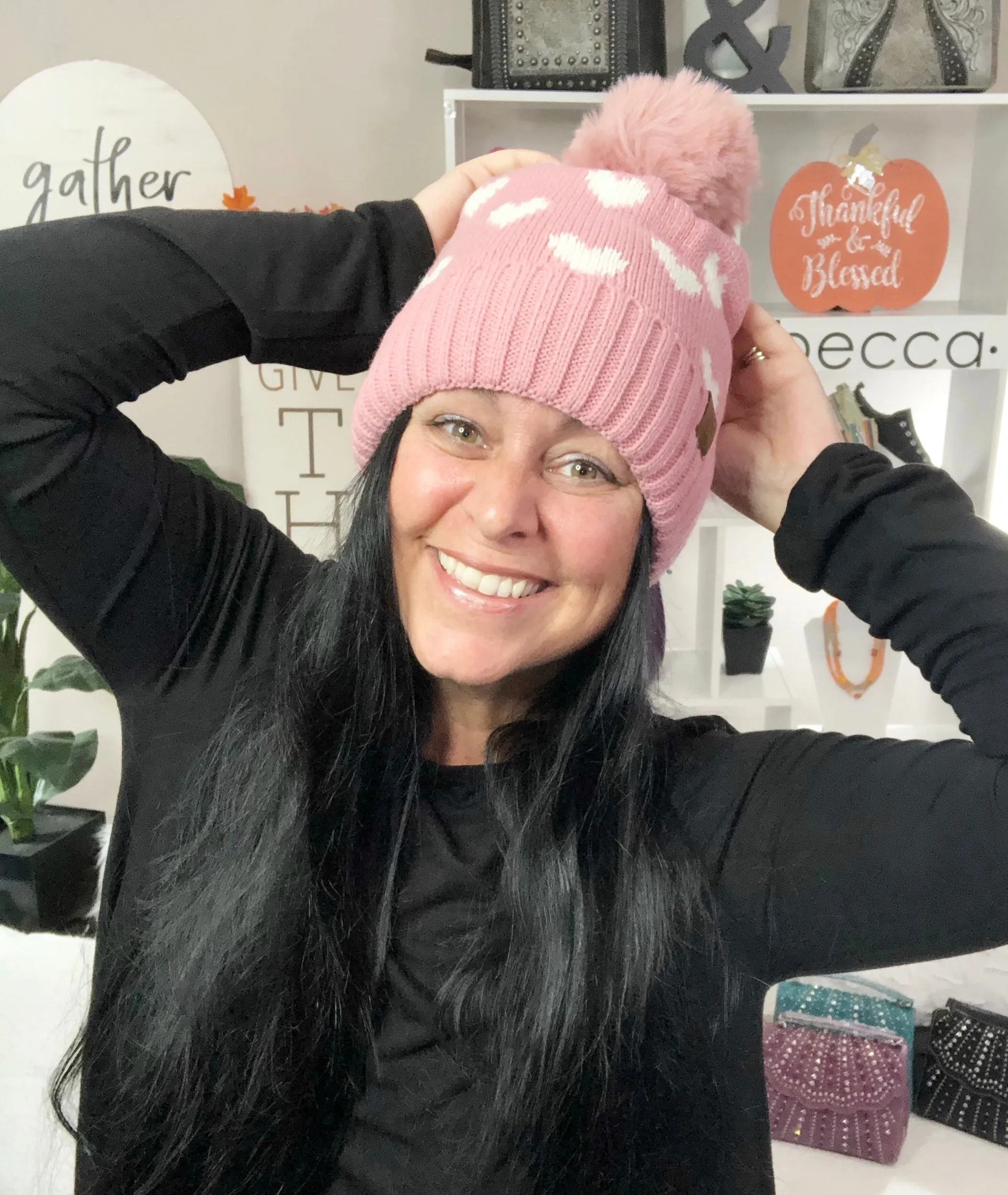 Pom Pom Hearts Winter Fleece Hat