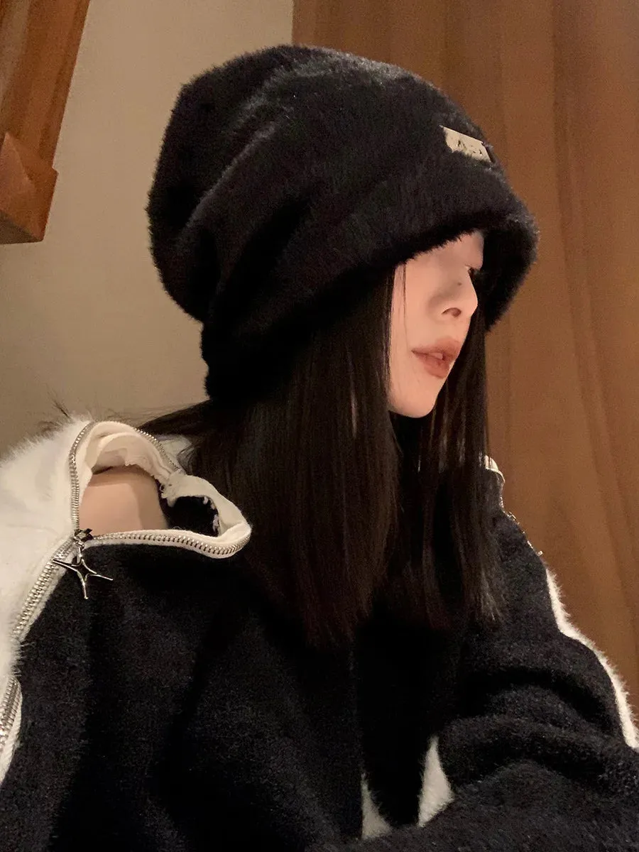 Sohiwoo Plush Beanies Hats For Women Winter Warm Solid Baggy Knitted Skullies Hat Outdoor Coldproof Beanies Caps Female Cap Gorros шляпа