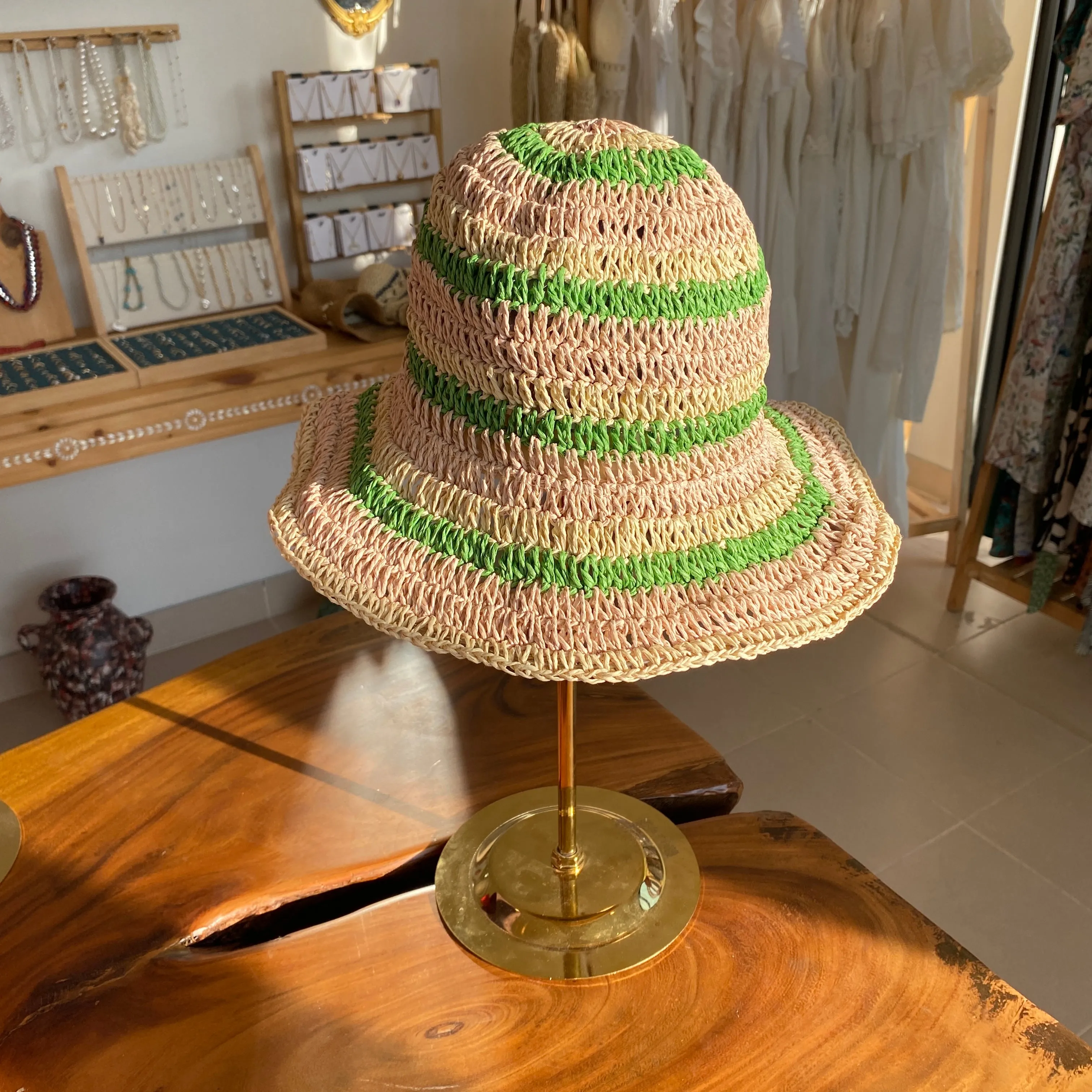 Summer Straw Hats | Natural color striped with baby pink and green