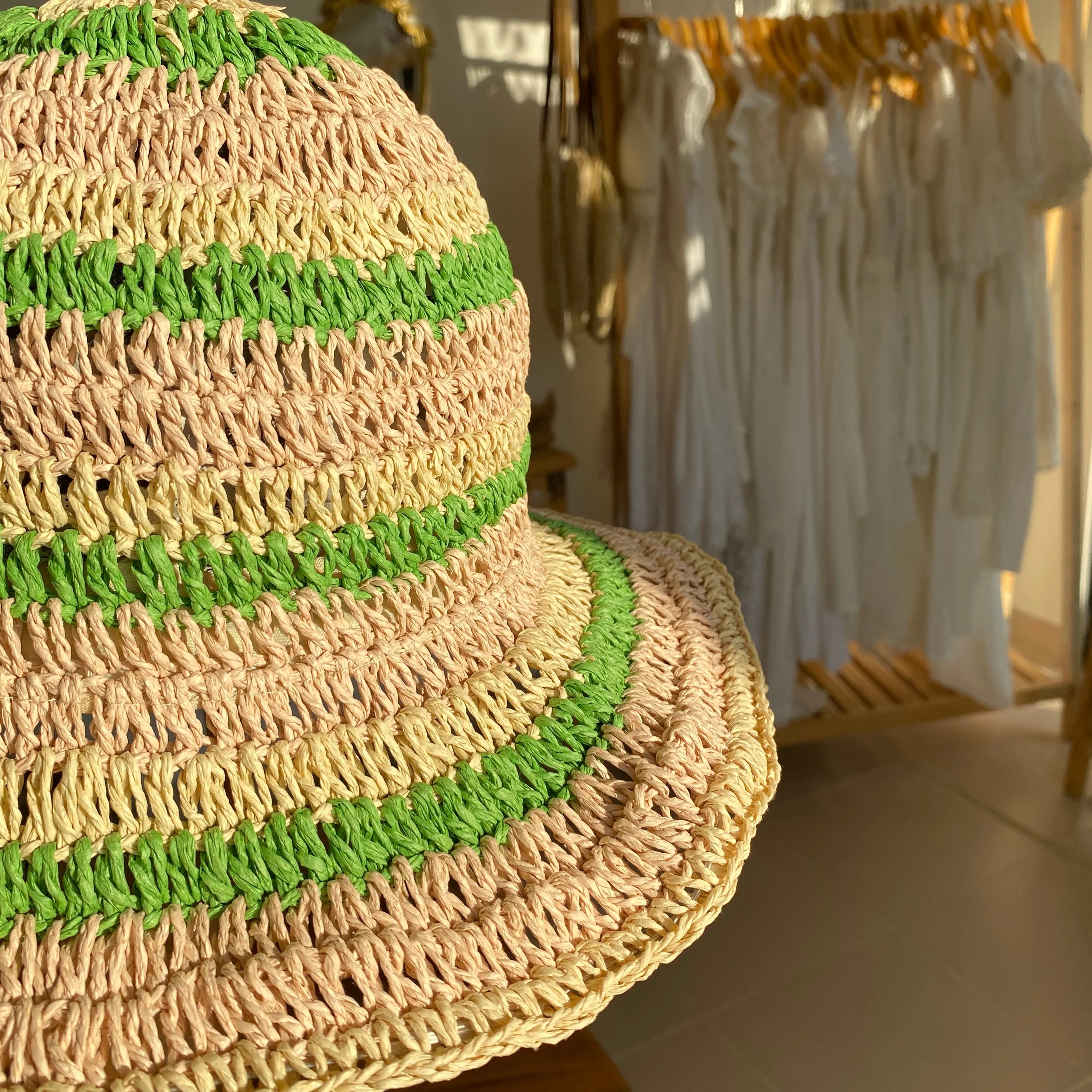 Summer Straw Hats | Natural color striped with baby pink and green