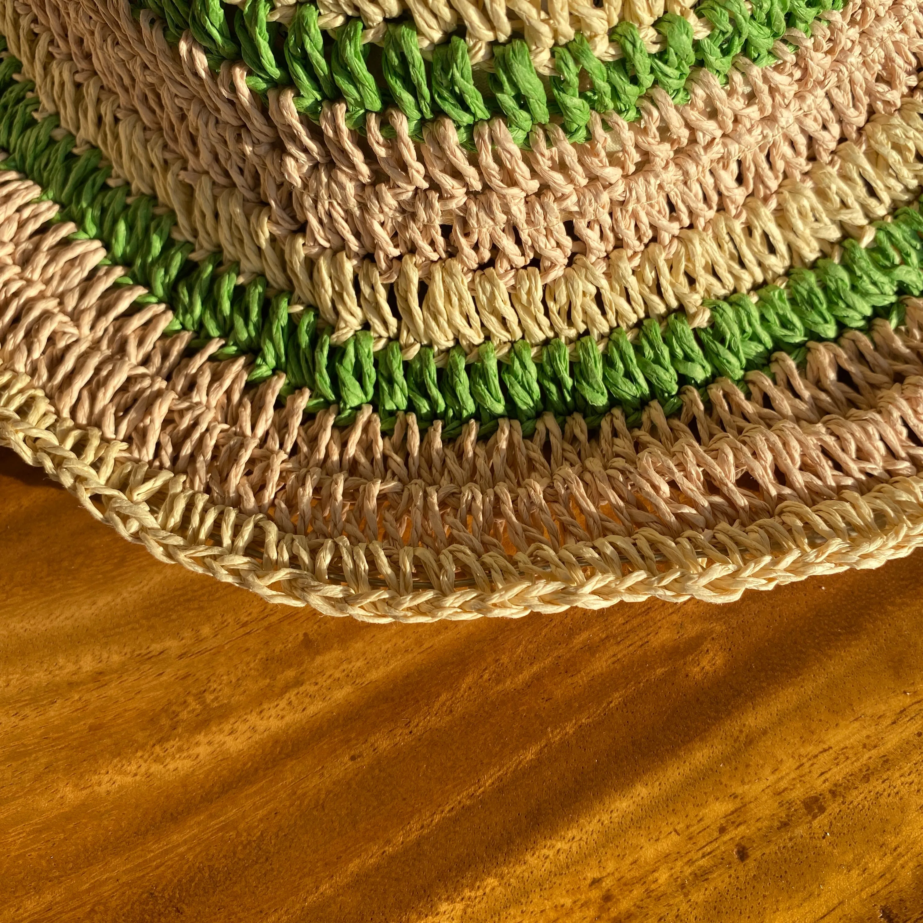 Summer Straw Hats | Natural color striped with baby pink and green