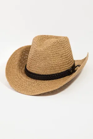 Western Straw Leather Belt Hat in Tan