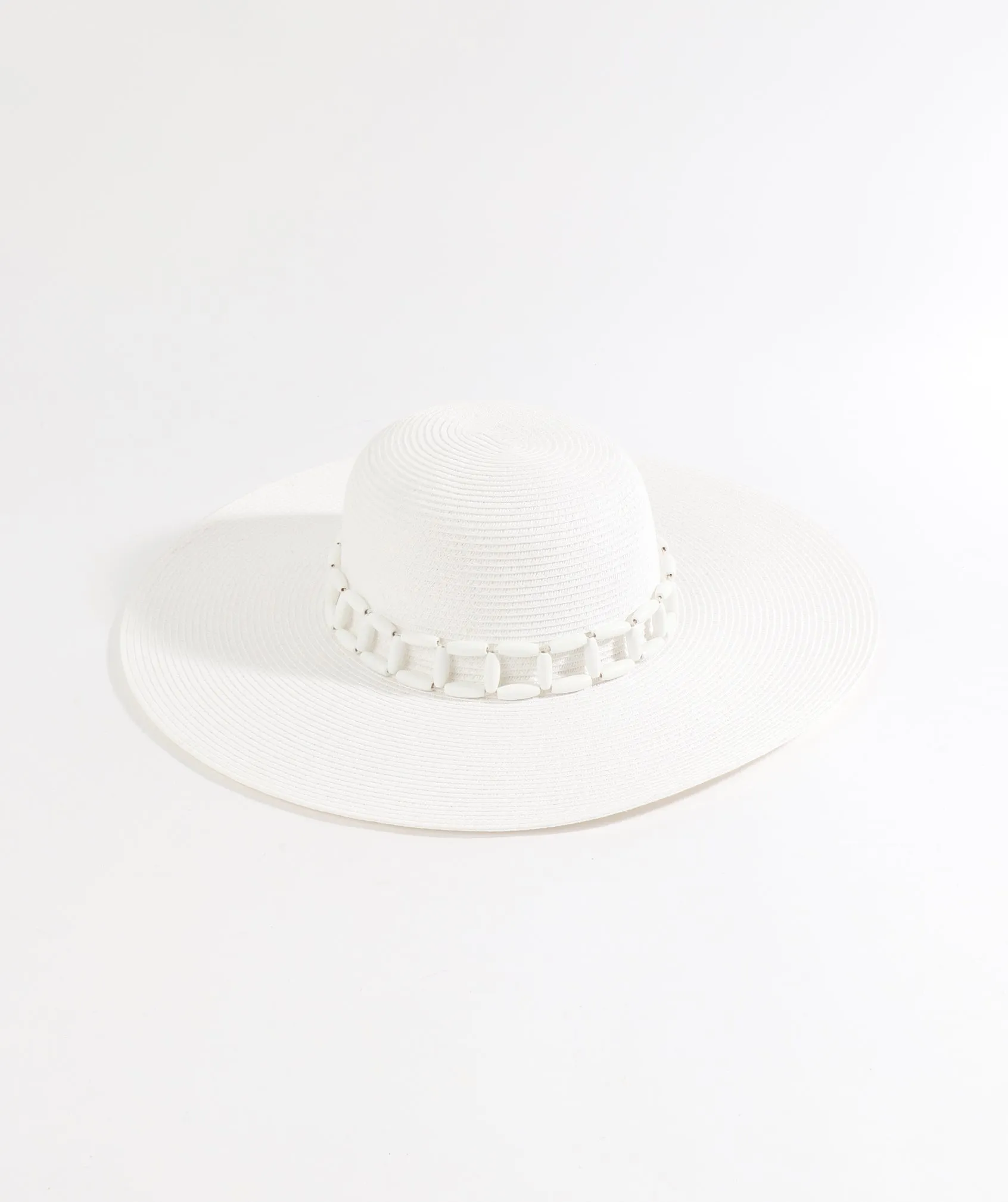 White Wide Brim Hat with Tonal Bead Embellishment