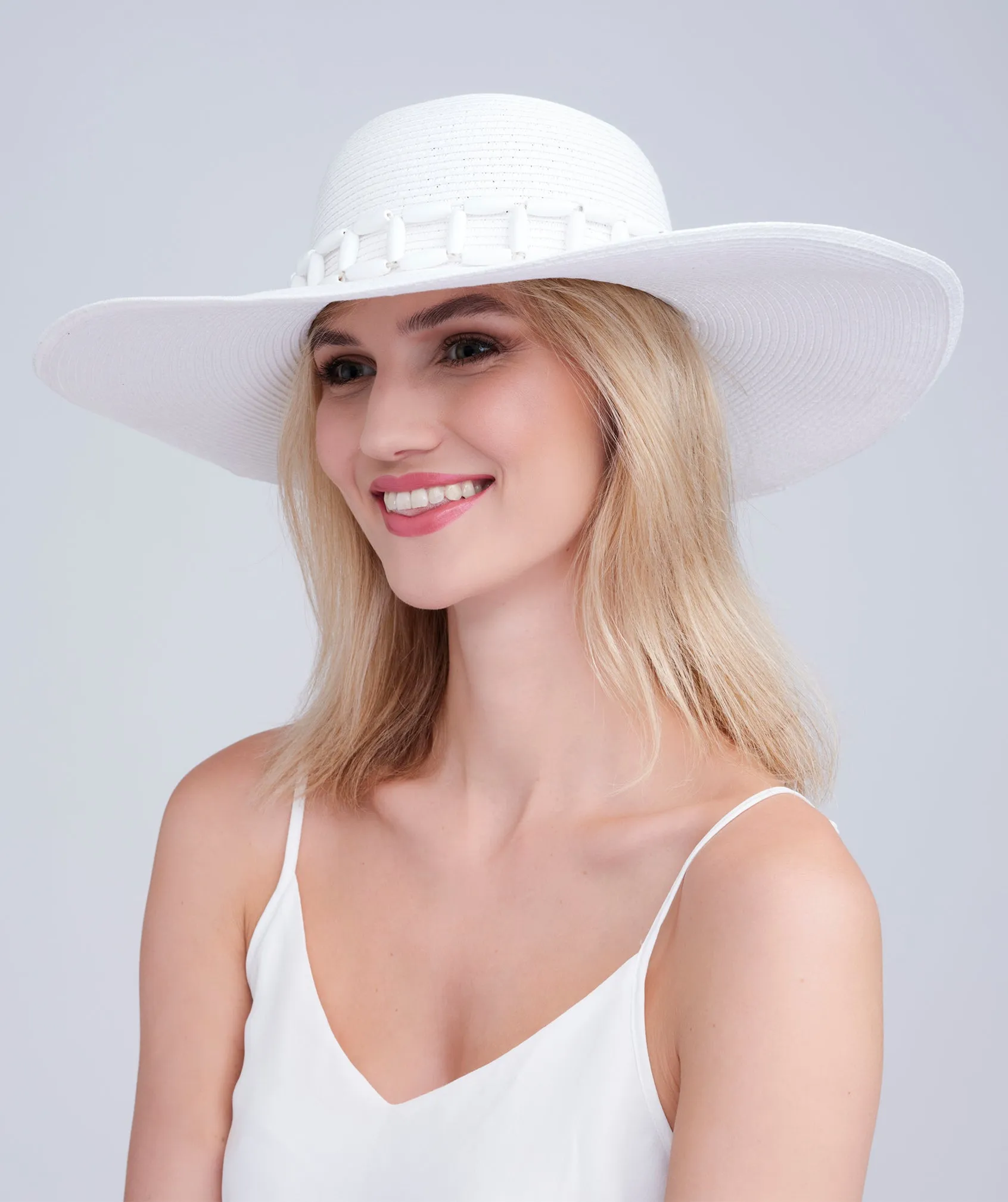 White Wide Brim Hat with Tonal Bead Embellishment