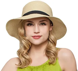 Women Floppy Sun Beach Straw Hats Wide Brim Packable Summer Cap (Beige) by Janrely