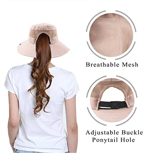 Women's Wide Brim Floppy Summer Sun Hat w/Ponytail Hole, Pink